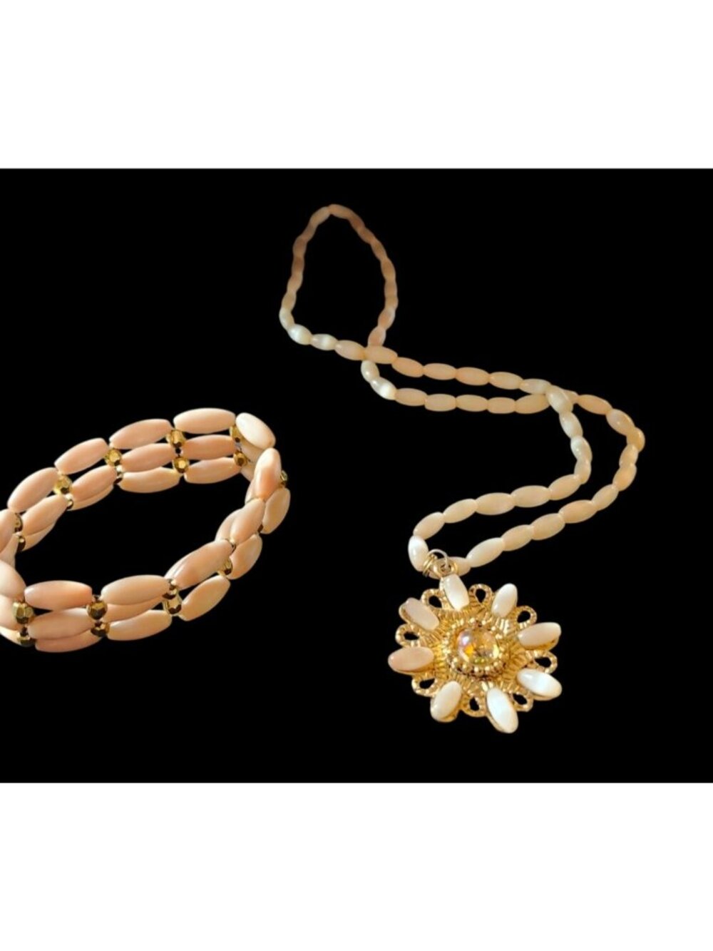 Vintage Moonglow Bead Necklace & Bracelet Set With Gold-Tone Floral Pendant Acce - Picture 2 of 8